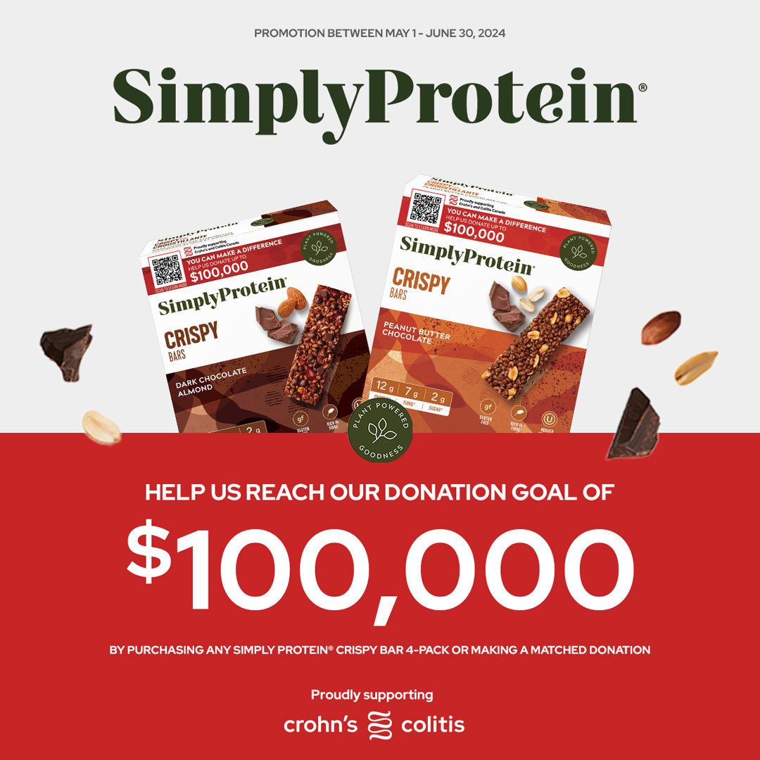 📣 Get excited! Through May and June, SimplyProtein is going to #raisethebarforgood for Crohn's and Colitis Canada by raising $100,000! It's easy to show your support by purchasing a 4 pack Crispy Bars or by making a donation. See the full details at bit.ly/raisethebarfor…