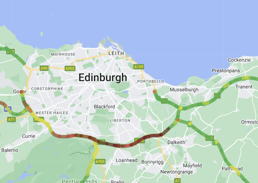 @SETrunkRoads UPDATE❗️⌚️15:04 #A720 - Dreghorn (WB) Traffic remains heavy following the earlier collision Approx 30 minute delay back from Sheriffhall @SETrunkRoads