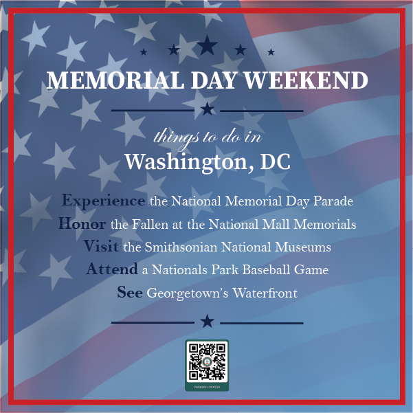 Enjoy your holiday plans with convenient parking by reserving ahead! Simply use the qr code or our parking locator at ecolonial. #colonialparking #memorialdayweekend #avc #districtofcolumbia #DCevents #visitwashingtondc #nps