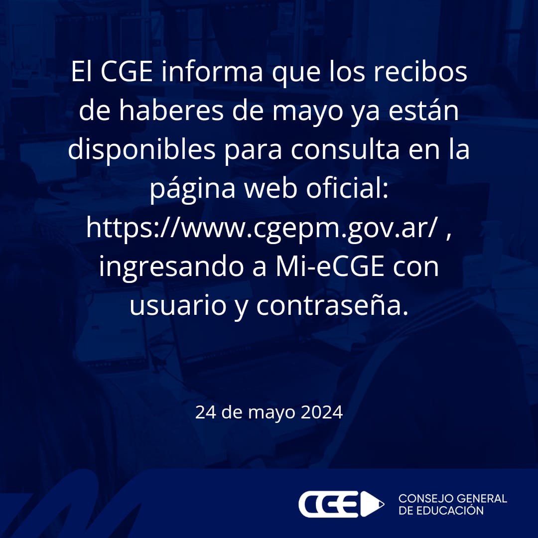El <a href="/CGEMisiones/">CGE Misiones</a> informa que los recibos de haberes de mayo ya están disponibles para consulta en la página web: cgepm.gov.ar 

Ingresando a Mi-eCGE con usuario y contraseña.

📆Viernes 24 de mayo de 2024