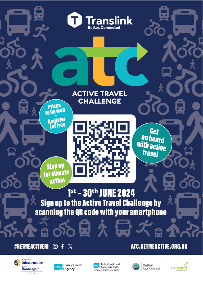 Just one week to go until the start of this year’s Active Travel Challenge – register for your chance to win some fab prizes
Remember to use  #GetMeActiveNI
Sign up here atc.getmeactive.org.uk
Big shout out to better.org.uk/leisure-centre… for providing this week's weekly prizes.