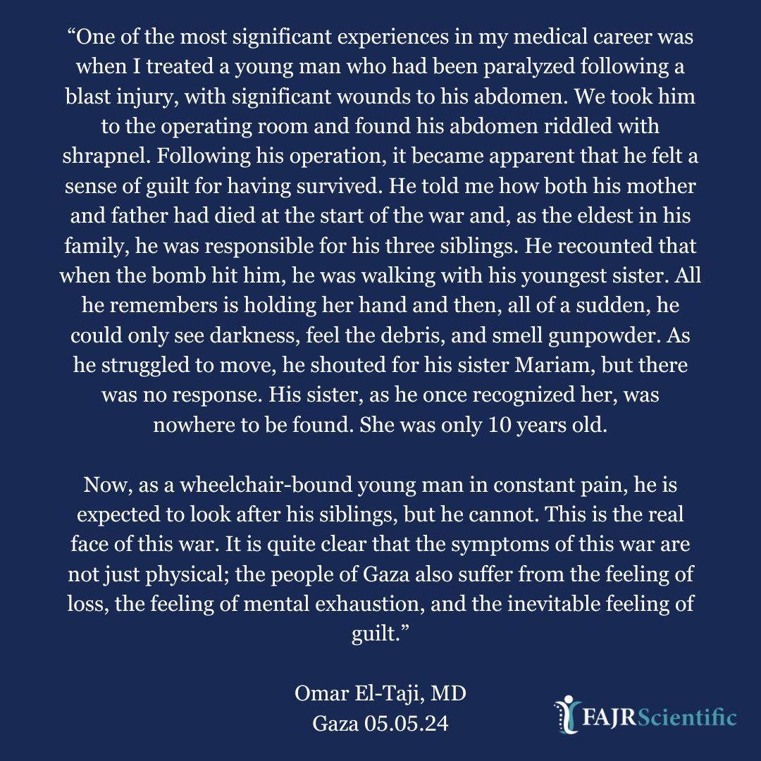 Discover the harrowing stories from #Gaza through the eyes of Dr. Omar El-Taji. Working with Fajr Scientific at the #European Hospital, he shares his firsthand encounters with the devastating impact of the #war #FajrScientific #GazaStories