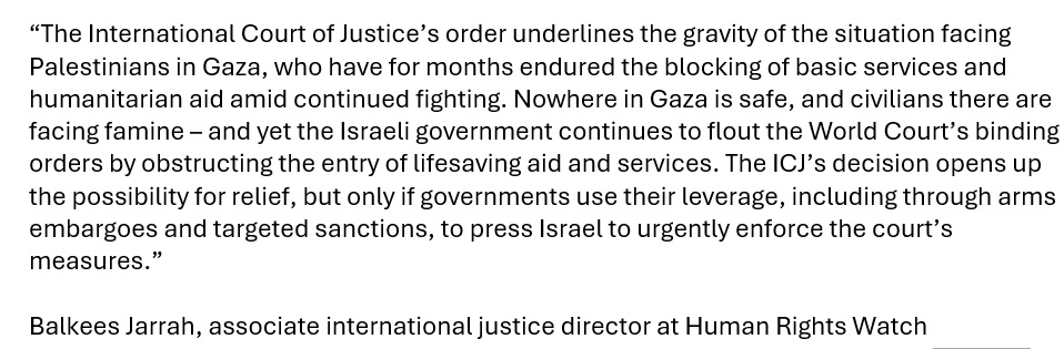 The @CIJ_ICJ order to halt Israeli assault on Rafah underlines gravity of situation—nowhere is safe, civilians facing famine & Israel flouting the Court's binding orders. Govts should use their leverage—including arms embargoes & targeted sanctions—to press Israel to comply. @hrw