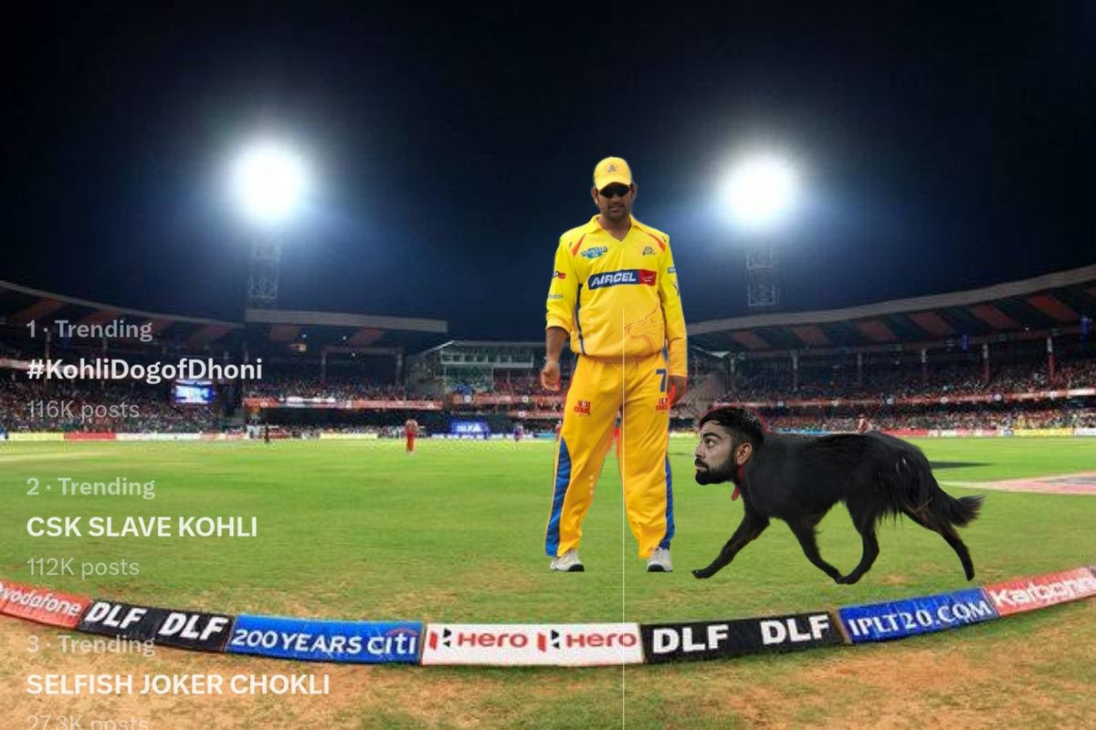 Keep tweeting with the below 

#DhoniBaapOfVirat 

SELFISH JOKER CHOKLI 
CSK SLAVE KOHLI #KohliDogofDhoni