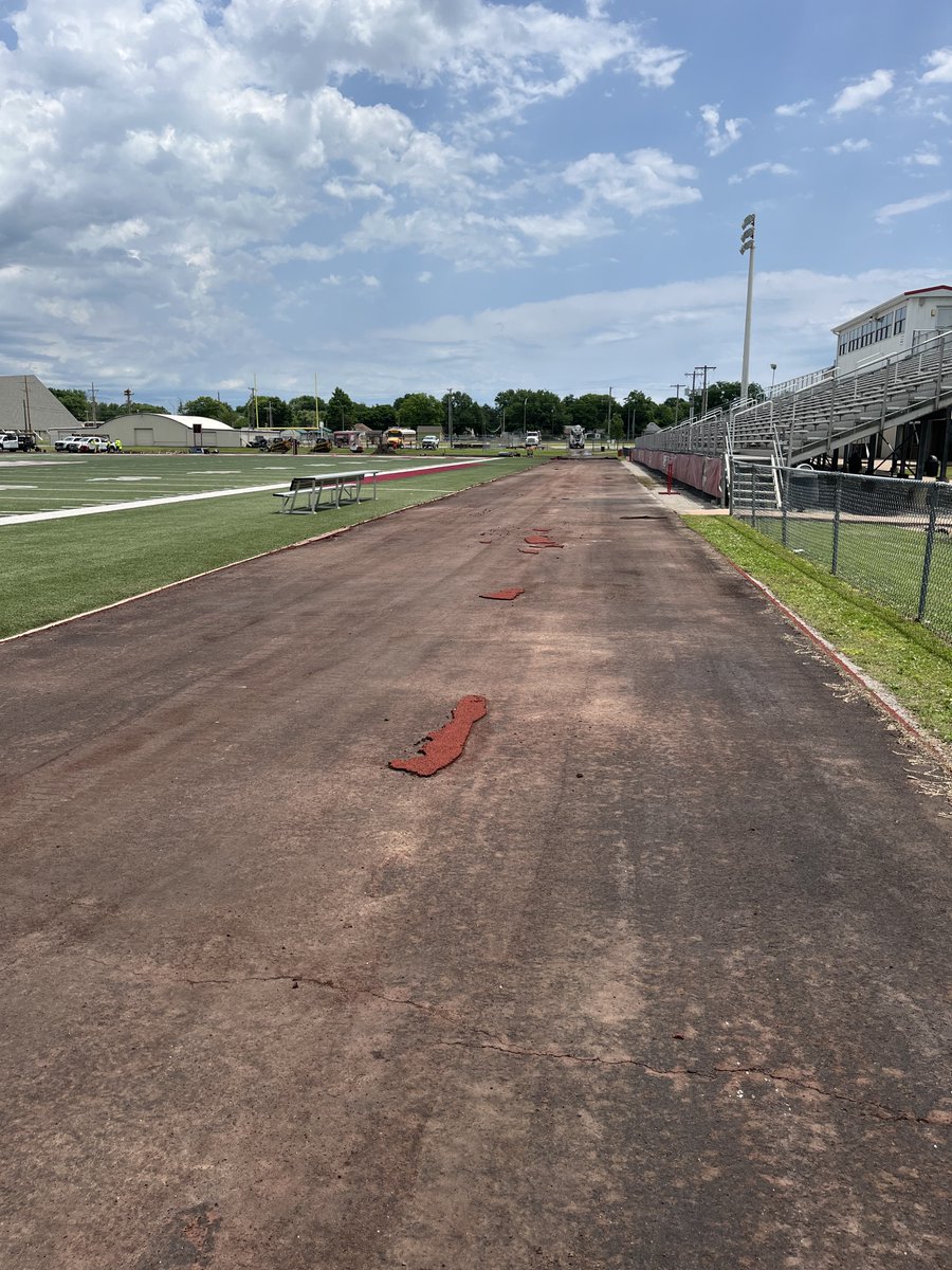 Track resurfacing began on May 21st. Project includes a new long jump pit and runway in the East end zone area of the football field.