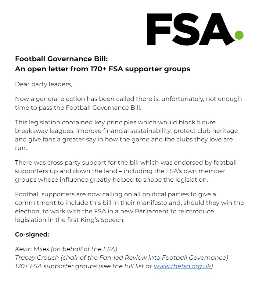 170+ FSA supporter groups and @tracey_crouch have co-signed our open letter calling on party leaders to include the Football Governance Bill in their manifestos and to reintroduce the legislation post-general election. #ByFansForFans #FanLedReview