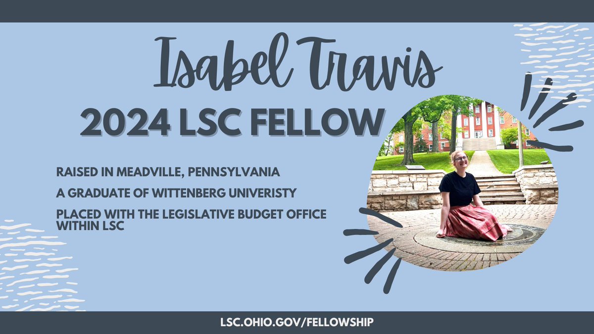 Isabel Travis is a 2024 Fellow placed with LBO within LSC. She calls Meadville, Pennsylvania, home, and she graduated from @wittenberg. Read more about Isabel here: facebook.com/LSCFellowshipP… #lscfellowship #stategovernment #publicservice #ohio #FeaturedFellow