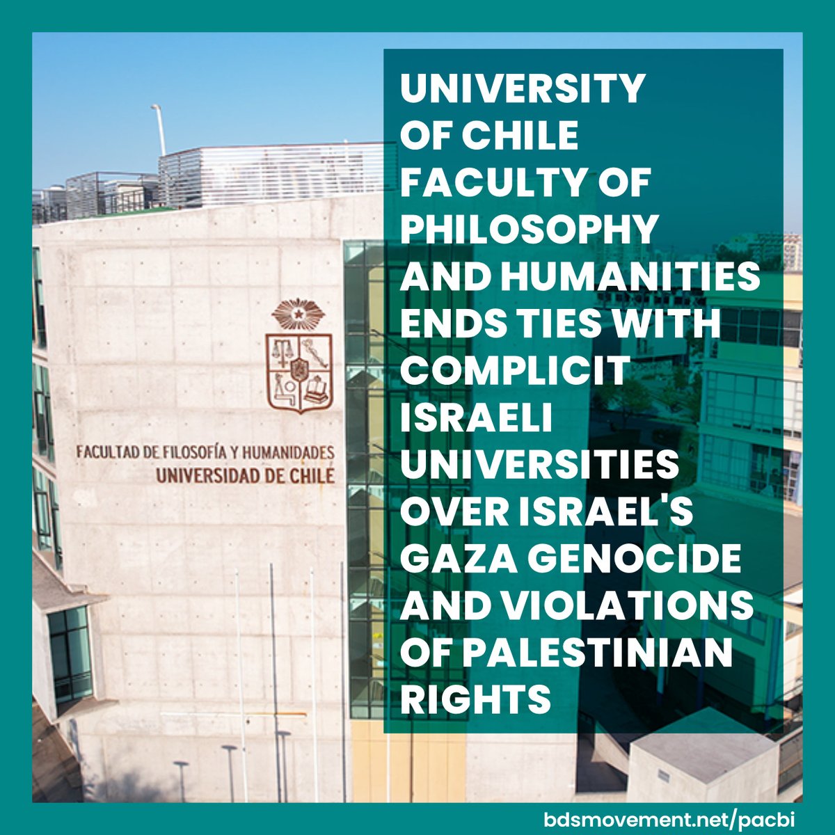 University of Chile Faculty of Philosophy and Humanities ends ties with complicit Israeli universities over Israel’s #GazaGenocide. The faculty states that all institutional ties must “always and unconditionally” be predicated on respect for human rights. loom.ly/5sipTDM