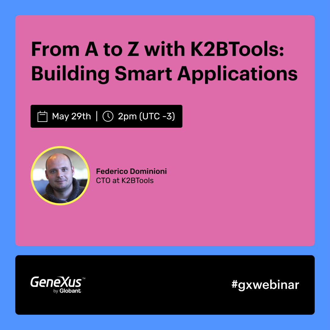 Online Event: 📆 May 29th, 2:00 pm. (UTC -3)
Register now ➡️ hubs.la/Q02x3ZT80

In this Webinar, you will be introduced to the use of <a href="/k2btools/">K2BTools</a>, a robust platform for enterprise application development. Don't miss out!
.
.
.
#GeneXus #K2BTools #Webinar