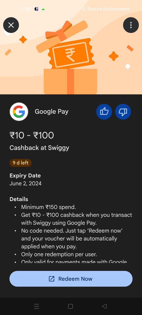 Akshay38943897's tweet photo. You tell me who will give cashback in this, @GooglePayIndia or Swiggy. Google pay customer care answer is Swiggy, when I told them about the cashback voucher on electricity bill payment, their answer was that the government will give it..🫡 https://t.co/j6FOrPpe0g