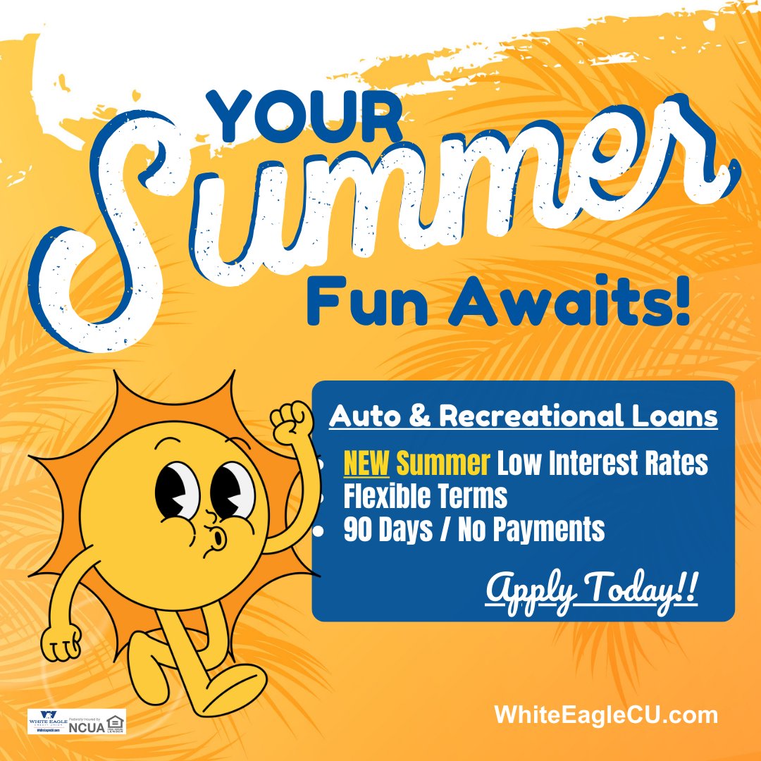 WhiteEagleCU's tweet image. Your Summer Fun Awaits! 🚗🌞

Are you ready for the ultimate summer adventures? Make sure you’re driving the vehicle of your dreams with our unbeatable auto and recreational loan deals! whiteeaglecu.com/your-summer-fu…