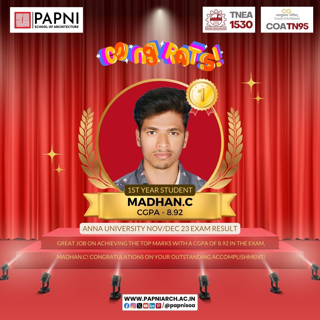 👏 Huge congratulations to Madhan.C for securing a stellar CGPA of 8.92 in the Anna University Nov/Dec '23 exams! Your achievements make us proud. 🌟

#papnisoa #annauniversity #TopScorer #Success