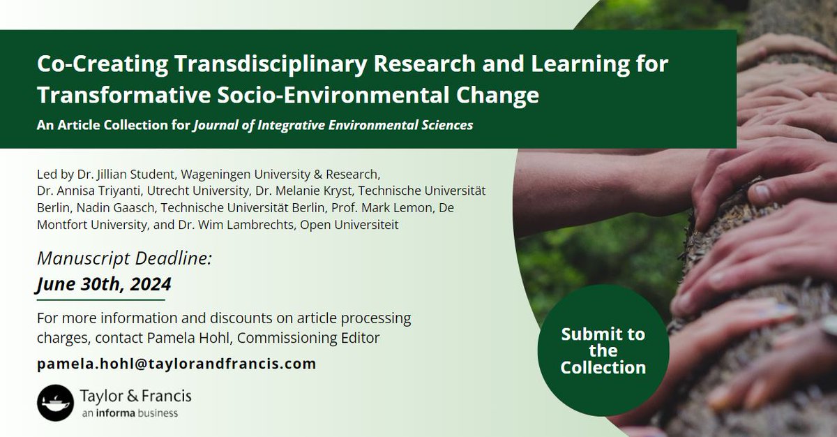 Call for papers "Co-Creating Transdisciplinary Research and Learning for Transformative Socio-Environmental Change" - deadline June 30th, 2024: think.taylorandfrancis.com/article_collec…