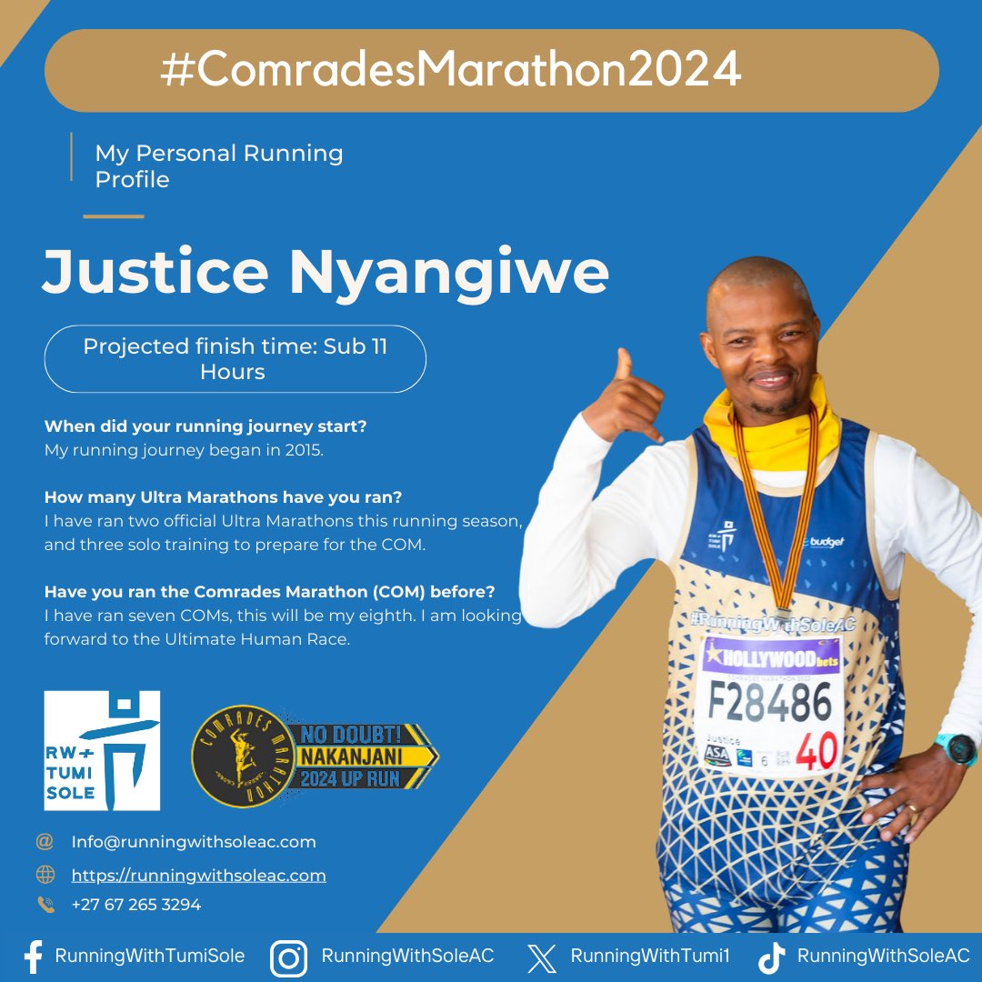 Runner profile 19/28✨ Ending the weekend on a positive note, meet @FaithSideofLife with seven COMs in the bag, the 2024 Comrades Marathon @comradesmarathon will be his eighth and he is looking forward to participating in the Ultimate Human Race. Justice will be representing