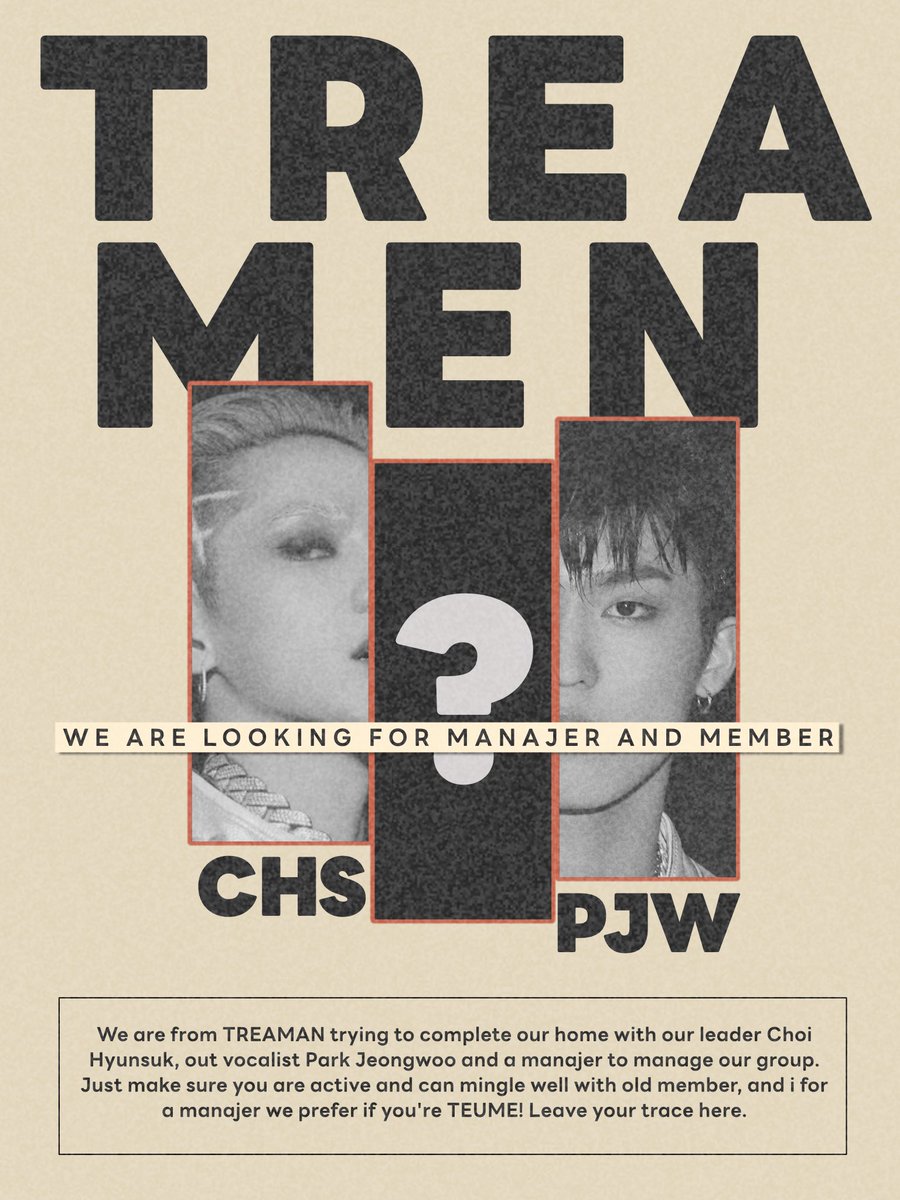 Join us! We are looking for Choi Hyunsuk and Park Jeongwoo to complete our team. Also, we need a manager who is active and can mingle well with members. A+ if you are TEUME. Please leave your introduction below!