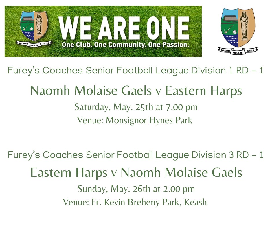 Our Senior and Junior Men's teams begin their respective @Fureysofsligo @sligogaa League campaigns this weekend with both teams playing @EasternHarpsGAA. Best of luck to both teams and management. As always, all support is greatly appreciated. #WeAreOne #MolaiseAbú 🇳🇬🇳🇬