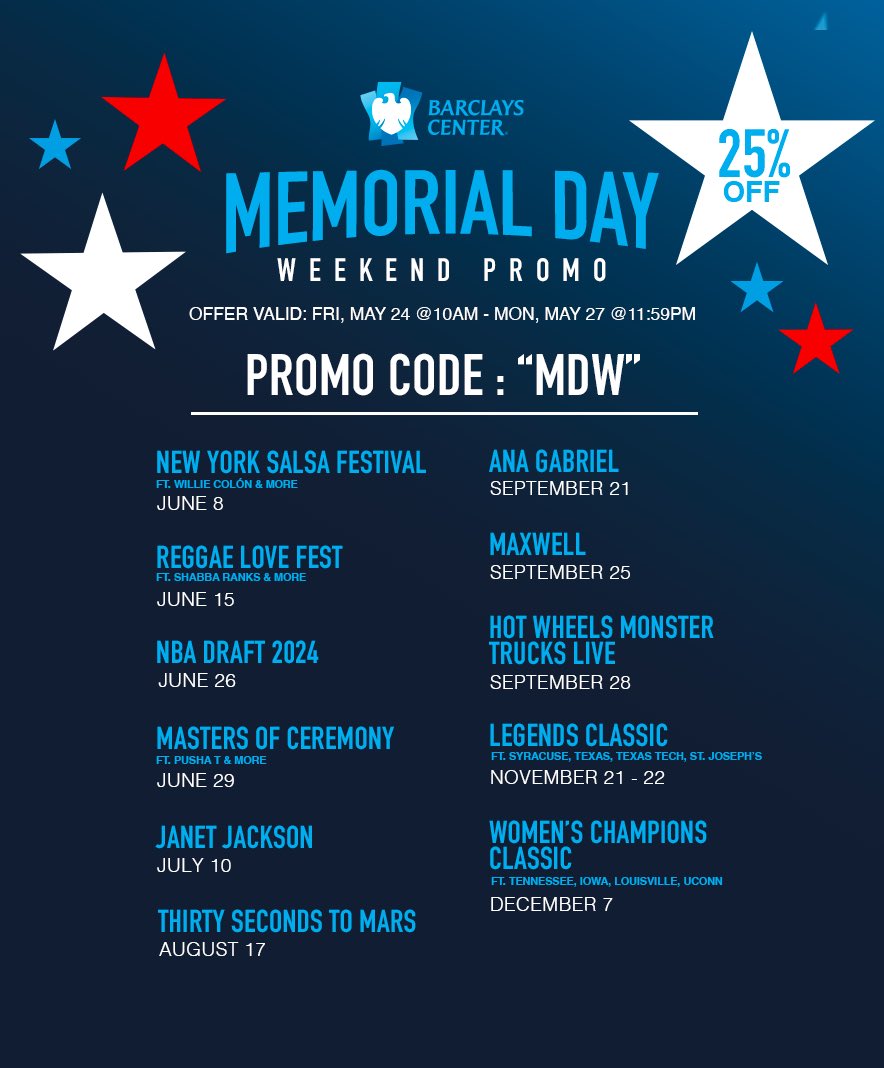 Memorial Day Weekend starts NOW! Get 25% off tickets to select events such as Janet Jackson, Maxwell & more at Barclays Center! Code: MDW 🎟️: bit.ly/4dS1eYm