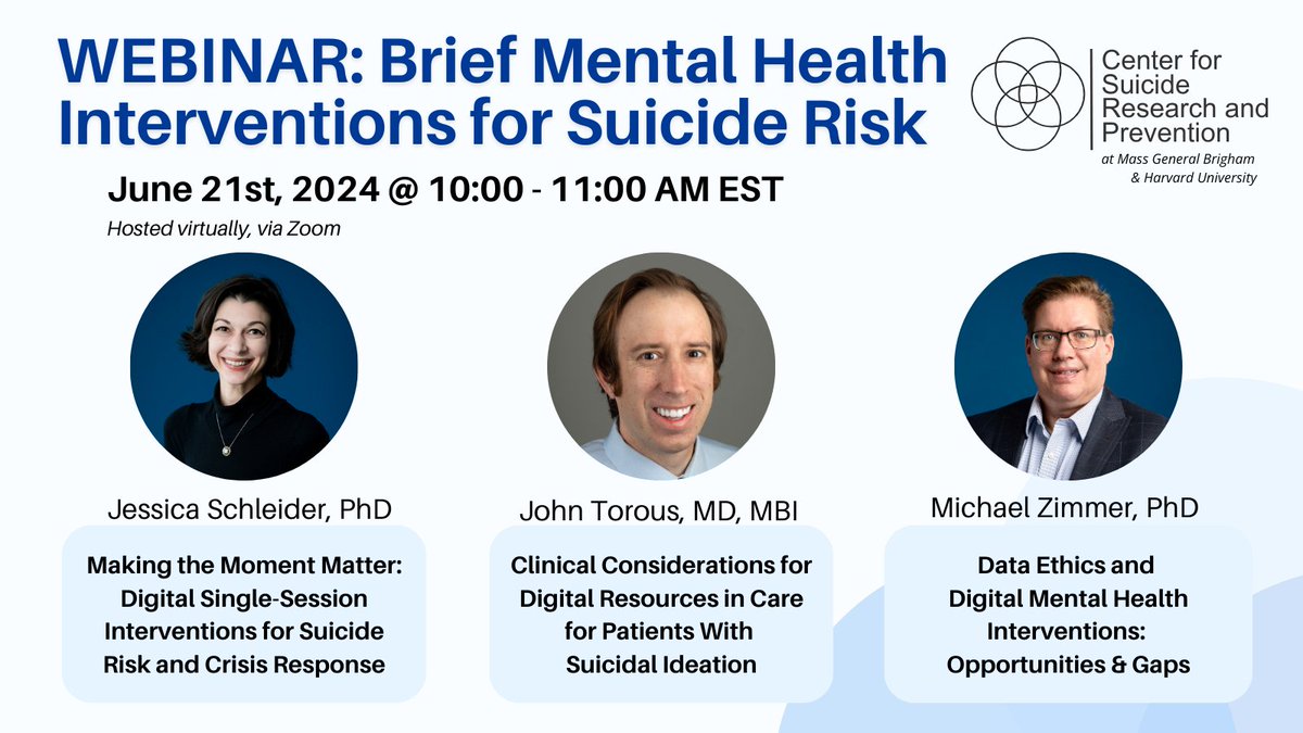 Webinar Announcement! 

Join the CSRP and speakers <a href="/JSchleiderPhD/">Jessica Schleider, PhD</a> <a href="/JohnTorousMD/">John Torous, MD MBI</a> &amp; <a href="/michaelzimmer/">Michael Zimmer</a> at our upcoming event on June 21st, 2024.

Register for FREE @ partners.zoom.us/webinar/regist…