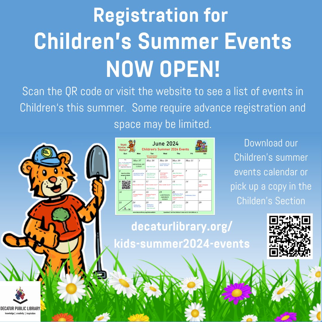 Registration is now open for Children's Summer Events! You can register for events and download the June and July events calendar on our website, or pick up a copy at the Children's desk. decaturlibrary.org/kids-summer202…