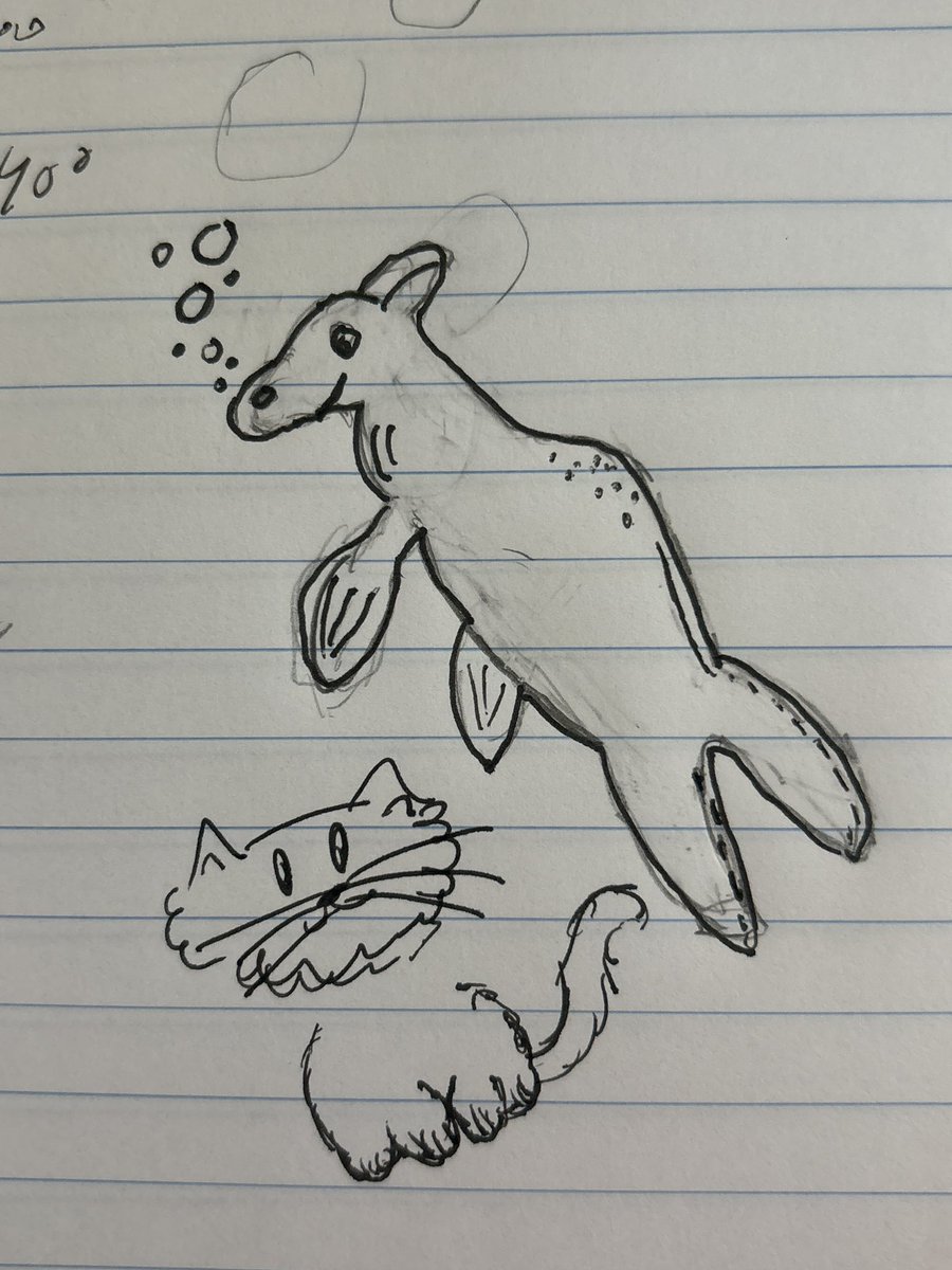 An aquatic horse creature I drew. Shoutout to @reisjuul for the cute cat in the corner! #handdrawn