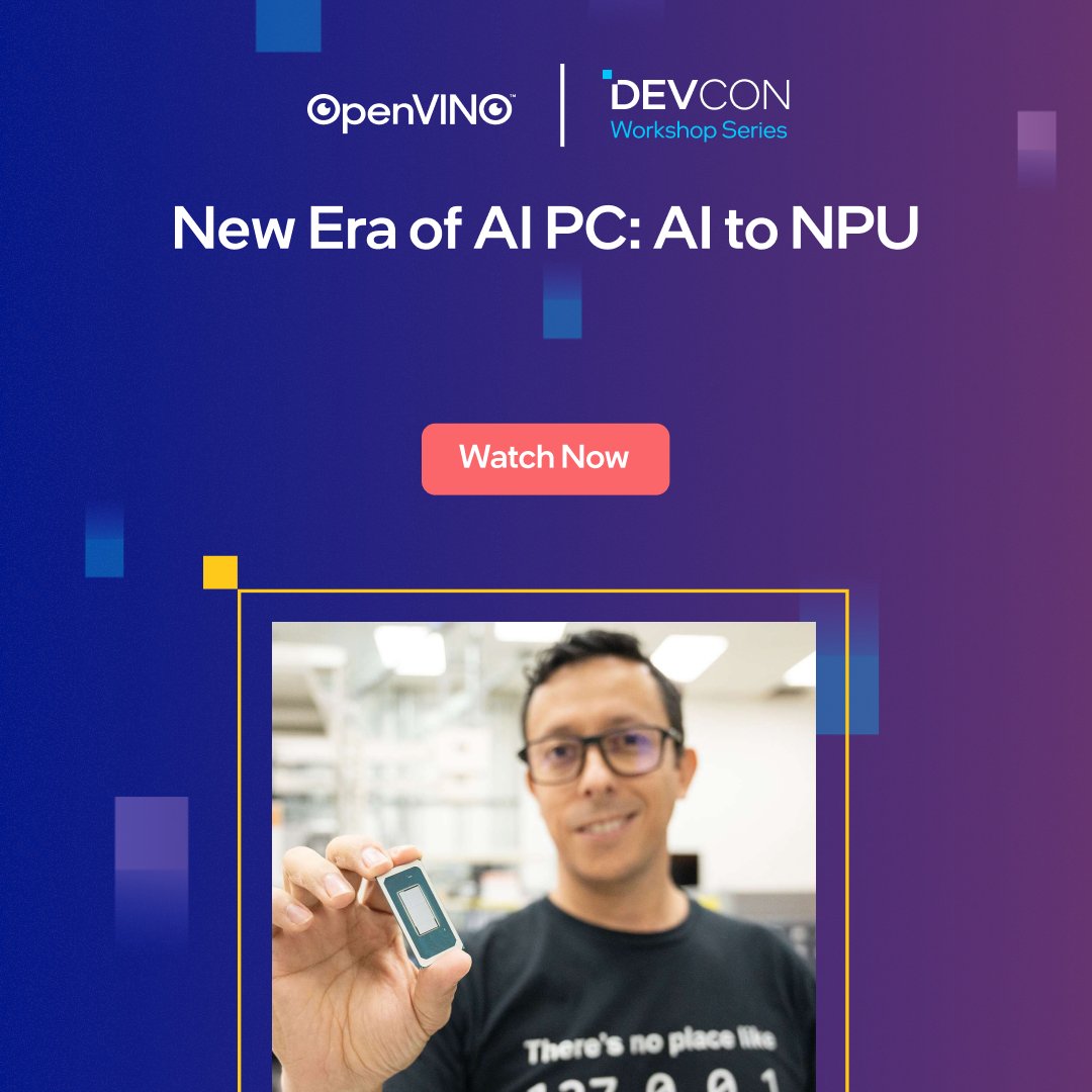 Uncover the marvels of #AI powered by the integrated Neural Processing Unit (NPU) accelerator. Catch up on the 'New Era of AI PC: AI to NPU' workshop from #OpenVINO DevCon and be part of the AI PC revolution with us! Watch on-demand: intel.ly/4dHhtY7