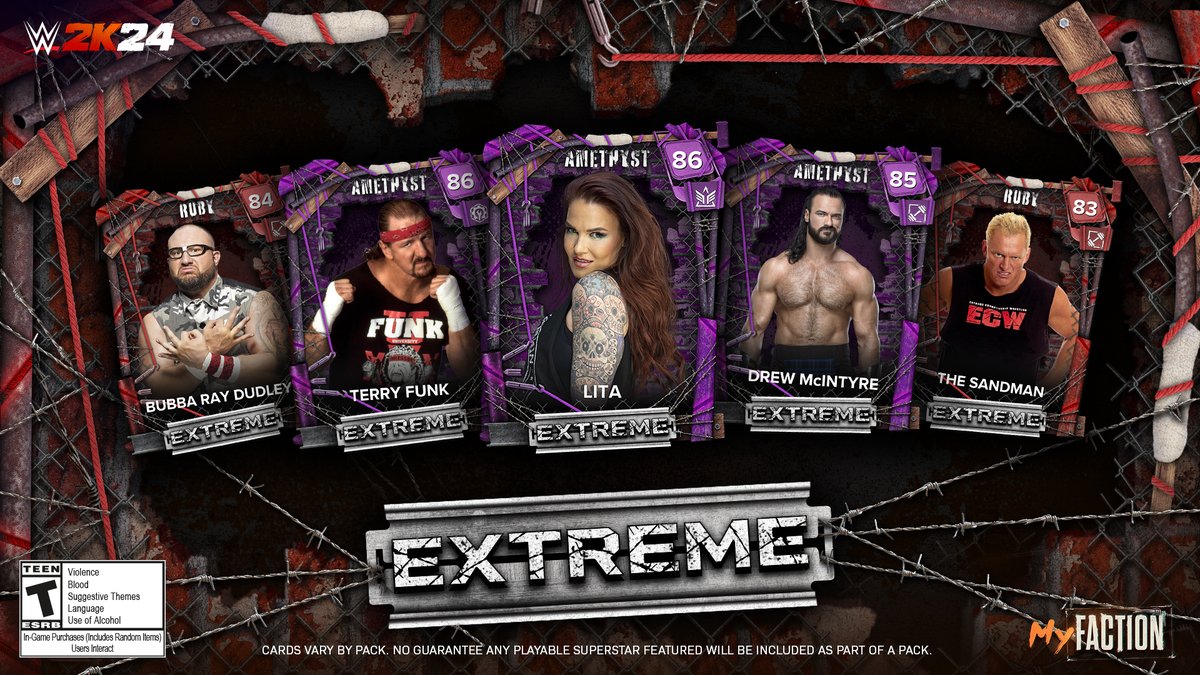 Go EXTREME in the ring with the EXTREME Series MyFACTION pack, including Bubba Ray Dudley, The Sandman, Lita, & more! #WWE2K24