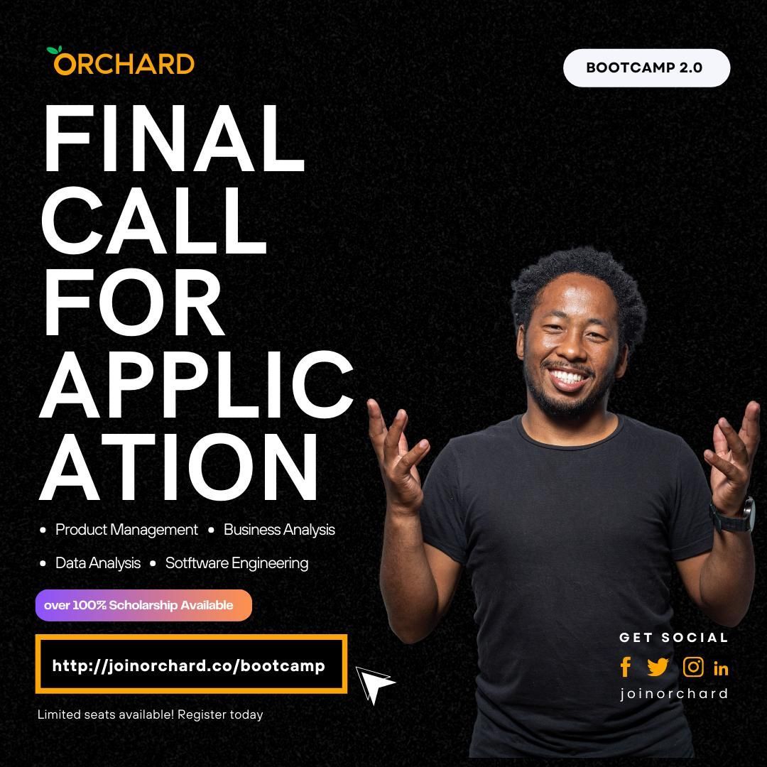 joinorchard's tweet photo. Yet to join the Tech BootCamp Cohort 2.0 ? Register using this link to access the Scholarship : https://t.co/fvi1sIS5ga Deadline 11:59pm 24th of May 2024. few hours to go!! https://t.co/tYEVtWPi1f