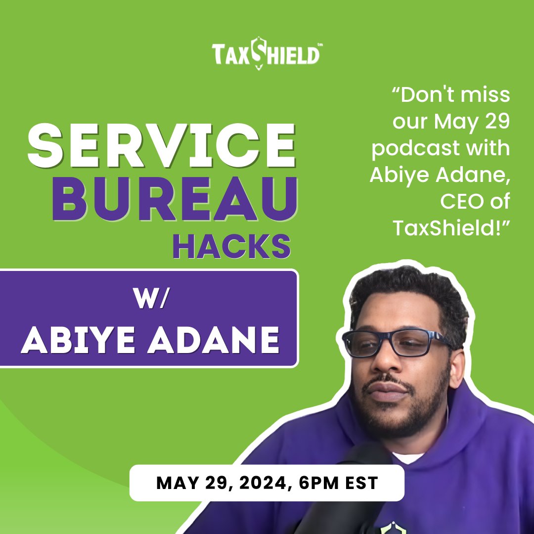 🎙️ Tune in on May 29th for our podcast featuring Abiye Adane, CEO of TaxShield! Explore tax problems, service bureau challenges, client referrals, and holiday advances. Mark your calendars and watch the episode! Don't miss out! #TaxPodcast #TaxShield #ServiceBureaus
