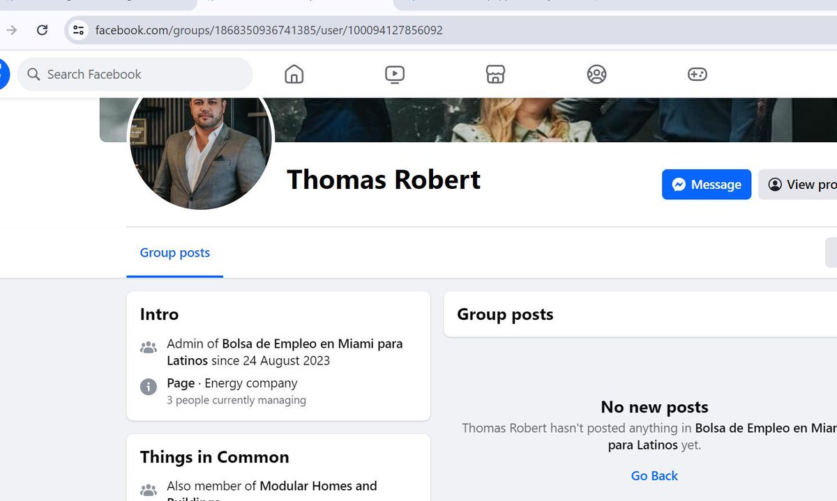 Bolsa de Empleo en Miami Facebook group has been hijacked and stolen by Thomas Robert (below)  comment with your info you have on Facebook scammers
#StopHackers
#SecureFacebook
#FBHackPrevention @meta <a href="/facebook/">Facebook</a>