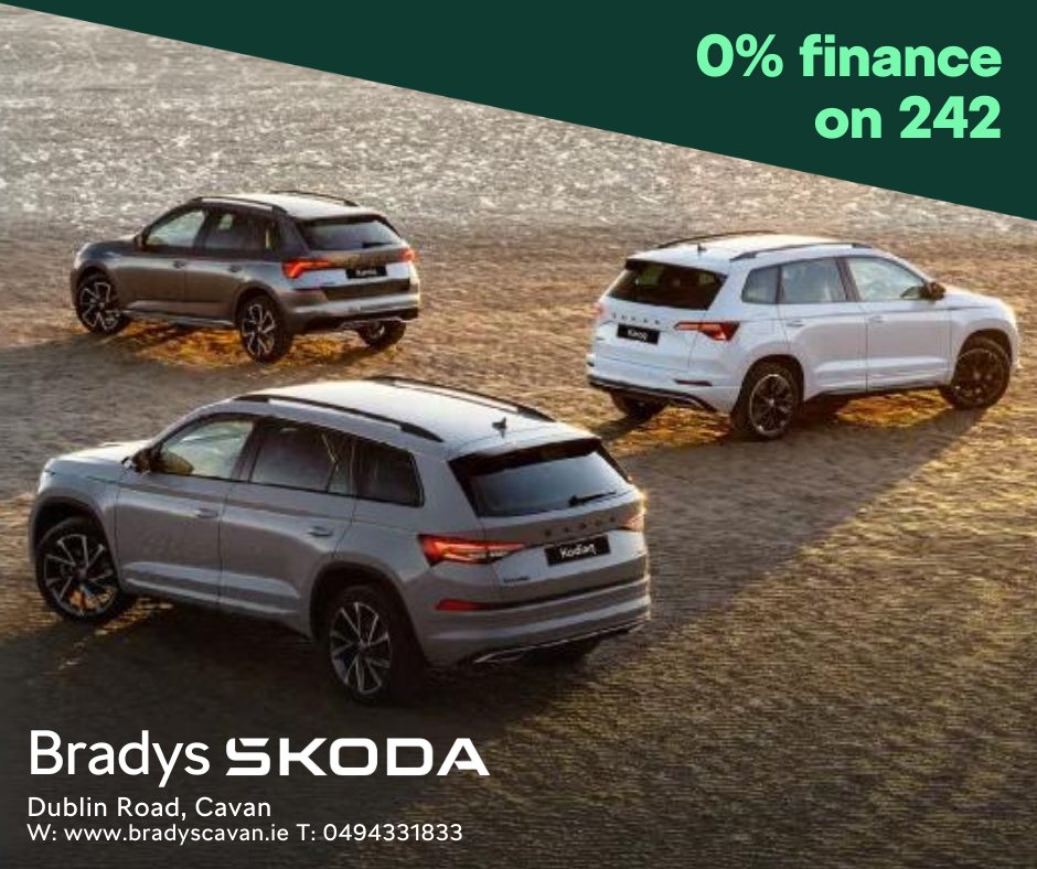 BradysCavan's tweet photo. Discover the amazing 242 offers now available with Skoda! Enjoy 0% finance on HP or as low as 1.9% finance on PCP.

For more information, visit https://t.co/7HxfOGs1pt, call us at 049 433 1833, or email us at info@bradyscavan.ie.

#BradysCavan #Skoda #242Offers https://t.co/2EyxsiVb2Q