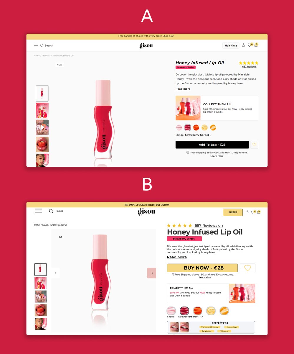 Redesign for gisou

Which gets more sales - A or B?