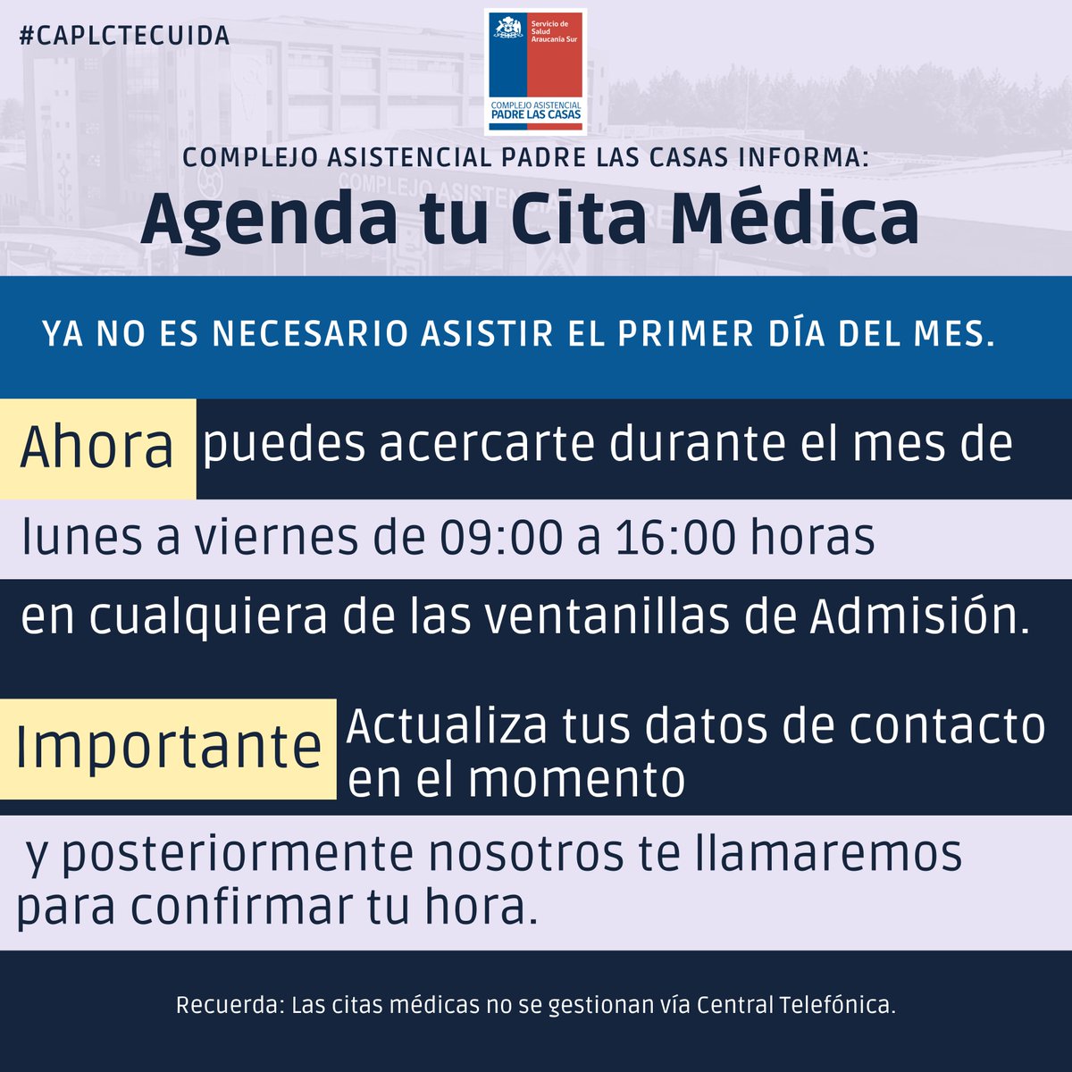 🏥En el Complejo Asistencial Padre Las Casas, comprendemos la importancia del tiempo y el bienestar de nuestros usuarios. 
Por esta razón, se ha habilitado la posibilidad de agendar citas médicas ✨🩺 durante todo el mes, eliminando la necesidad de hacerlo el primer día.