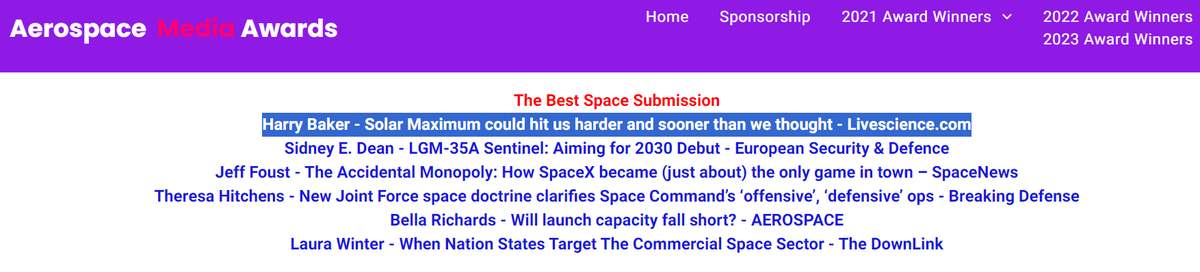 harryjpbaker's tweet photo. Very excited to be shortlisted for the upcoming Aerospace Media Awards!! I'm a finalist in the "Best Space Submission" category for my @LiveScience feature that (accurately) predicted the solar maximum would arrive sooner than expected ☀️🚀 

🔗https://t.co/vLIDIsIdUP https://t.co/m3TxLQO9fU