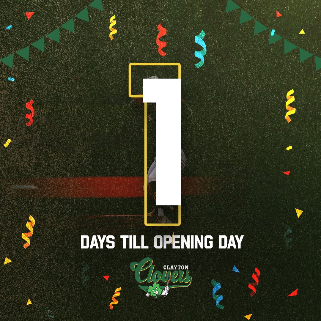 ClaytonClovers's tweet photo. One more sleep…😴

Opening day is tomorrow May 25th. You can find tickets to the game in our bio or the link posted below. https://t.co/0kp9MYMWAL

The game will be held May 25th at East Clayton Community Park at 7:00 PM Vs. the Jacksonville Ospreys. 

🍀🍀🍀 #ClaytonClovers https://t.co/r7NSTM3nnm