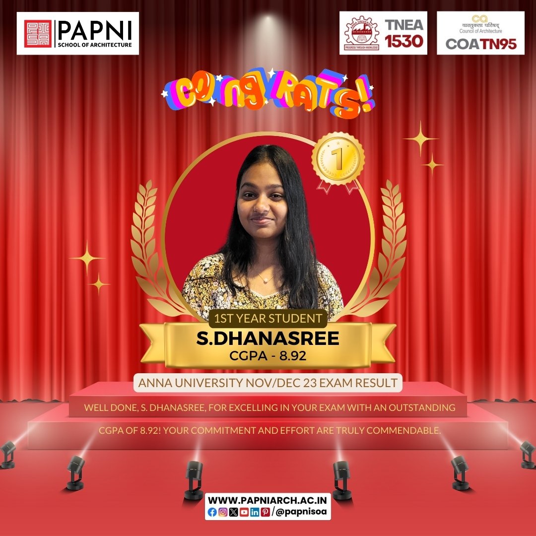 🎉 Congratulations to S.Dhanasree for achieving an impressive CGPA of 8.92 in the Anna University Nov/Dec '23 exams! Your hard work and dedication have truly paid off. 🏅

#papnisoa #annauniversity #TopScorer #ProudMoment