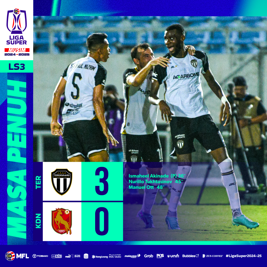 KEPUTUSAN MASA PENUH - LS3

Terengganu FC 3-0 Kelantan Darul Naim FC

#LigaSuper2024-25 #LigaMalaysia #DemiLigaKita