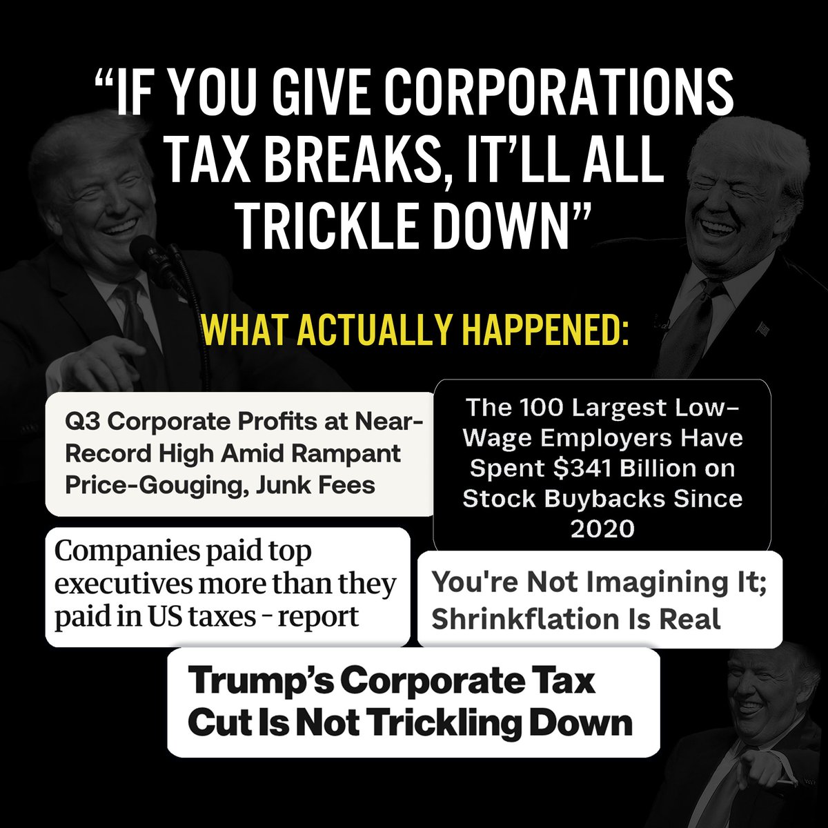 Here's what some of the biggest corporations got from the Trump tax scam: —Profits up 44% —Taxes down 16% —Paid $240 BILLION less in taxes than they would have NONE of this 'trickled down' to workers—it went to buybacks and executive pockets. Enough. #BidenFightsPriceGouging