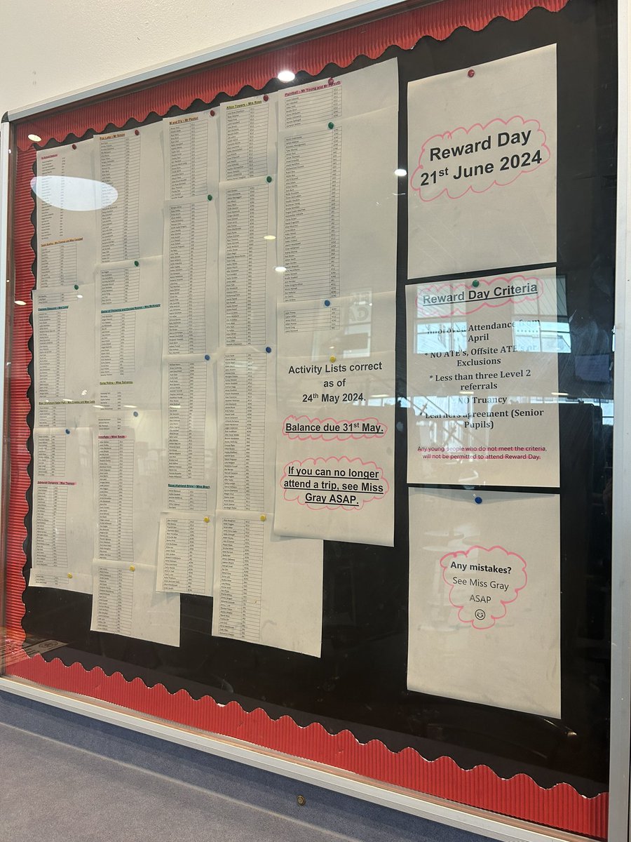 🎢🎳🐴Reward Day🎨👻🪓 Lists for ALL activities now on display in the social space. Reminder ALL balances are due by Friday 31st May. If anyone is no longer able to attend your chosen activity, see Miss Gray ASAP please. #weareFHS
