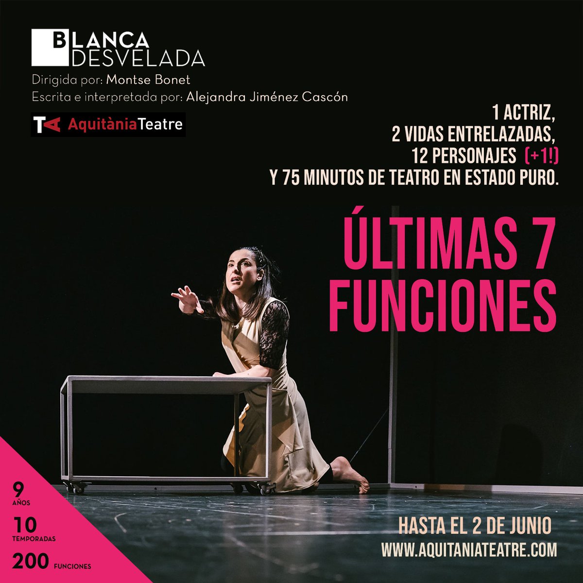 ¡Últimas funciones !
@aquitania_teatre
Entradas en aquitaniateatre.com 

#BlancaDesvelada
#200funciones 
#elartesana 
#memoria 
#mujeres 
#teatro