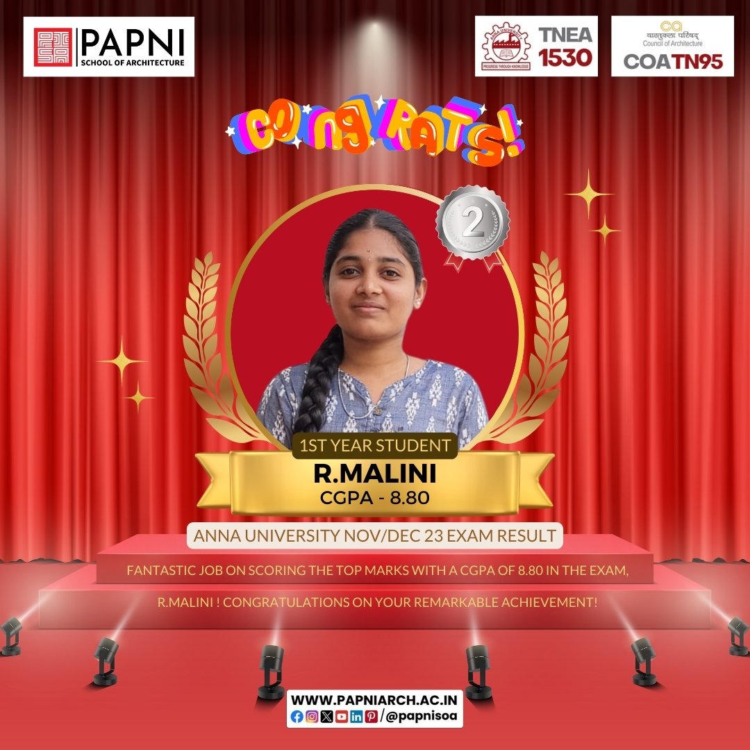 🌟 Hats off to R.Malini for achieving a remarkable CGPA of 8.80 in the Anna University Nov/Dec '23 exams! Outstanding performance! 🥇

#papnisoa #annauniversity #TopScorer #AcademicExcellence