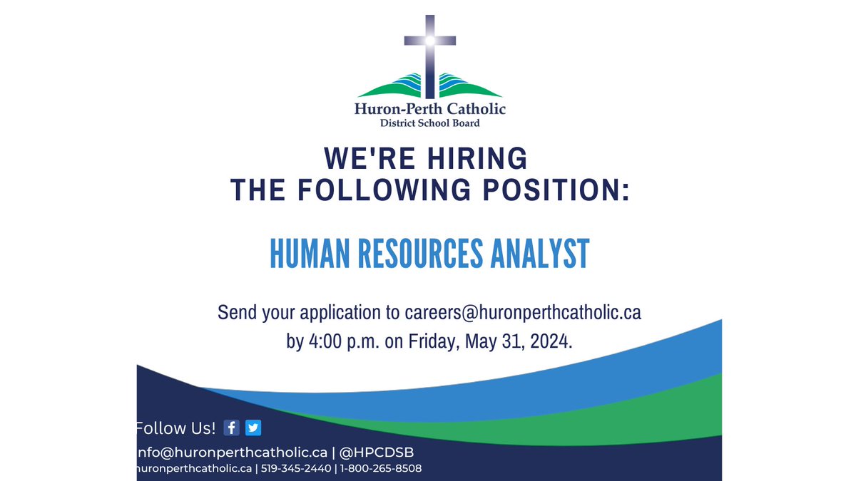 We are hiring!  Join the HPCDSB team as a Human Resources Analyst.  Applications are being accepted until Friday, May 31 at 4pm.  Visit huronperthcatholic.ca/our-board/care… to apply.  Share with family and friends. #humanresources #education #huronperth #hiring