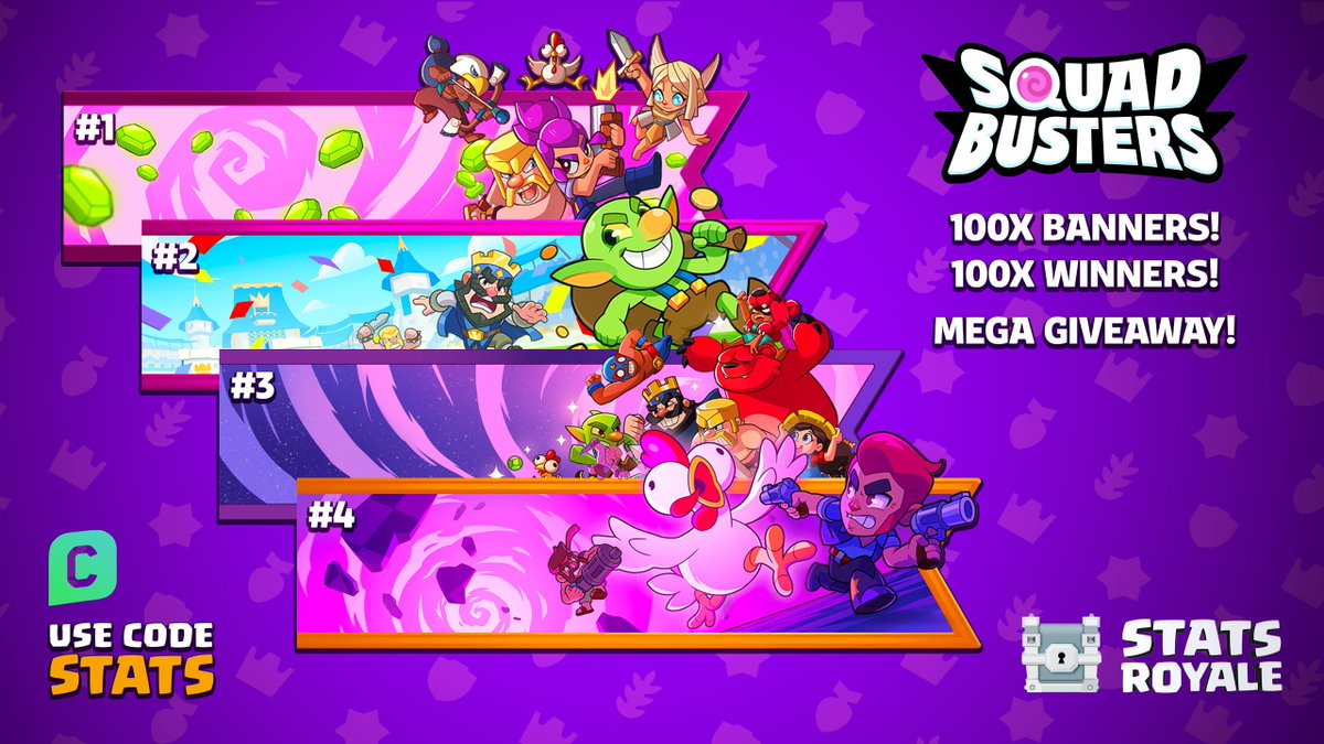 We have some @SquadBustersx #ExclusiveBanners to give away! 25x of each, 100x winners total!

To win, you need to:
✅ Pre-register for Squad Busters
❤️ Like this post
🔁 Retweet
💬 1st pick and why!
👉 Follow @StatsRoyale 

Winners will be reached via DM. Ends June 3rd. GL HF!