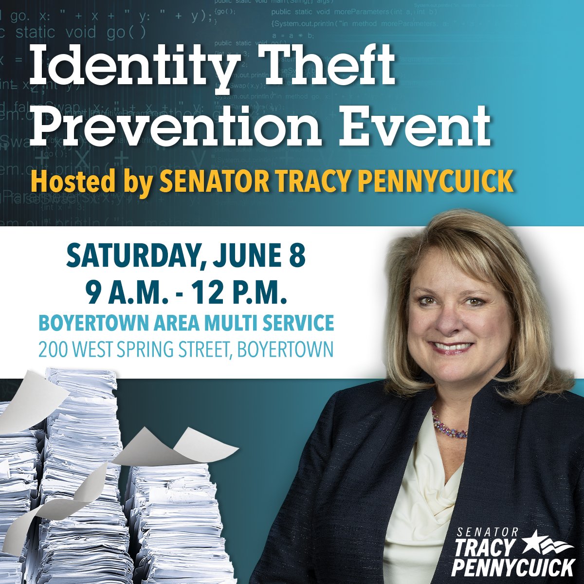 ❗Protect yourself from identity theft by safely shredding old documents like bank statements, medical records, and tax documents. Plus, Preston's Pantry volunteers will be collecting food donations!

senatorpennycuick.com/events/