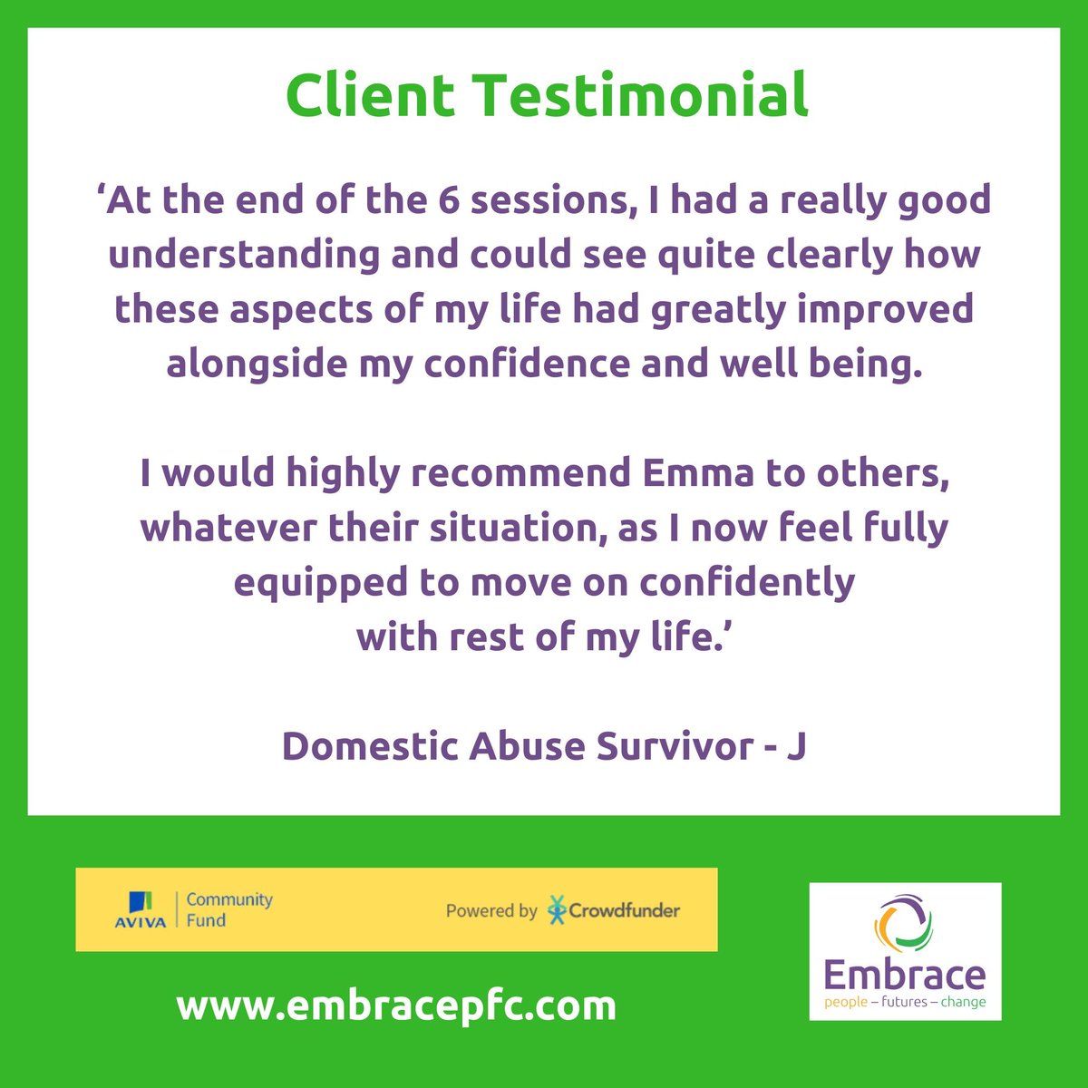 A lovely testimonial to share with you all.

These sessions were funded by the generous @aviva and <a href="/crowdfunderuk/">Crowdfunder UK</a> and the Aviva Community Fund, it really does make such a difference to people's lives, so thank you!

#testimonial #avivacommunityfund #domesticabusesurvivors