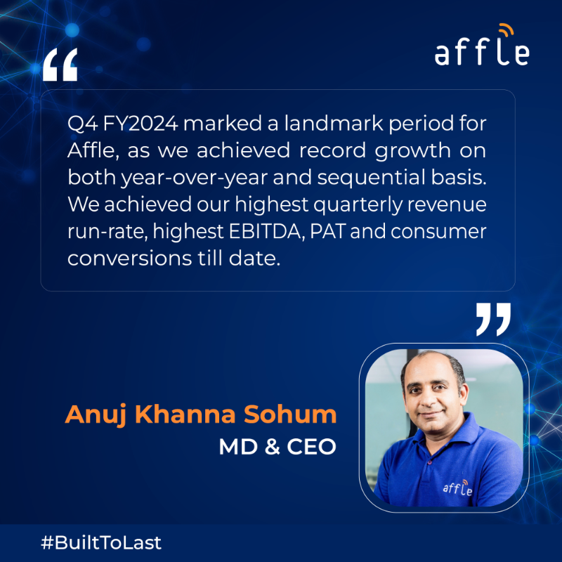 affle's tweet photo. Thrilled to close Q4 FY2024 with record revenue &amp; profitability. We surpassed ₹500 crore in quarterly revenue &amp; achieved our highest ever EBITDA &amp; PAT. FY2025 brings exciting opportunities as we focus on platform innovation &amp; next-gen tech. 
#AffleResults #BuiltToLast