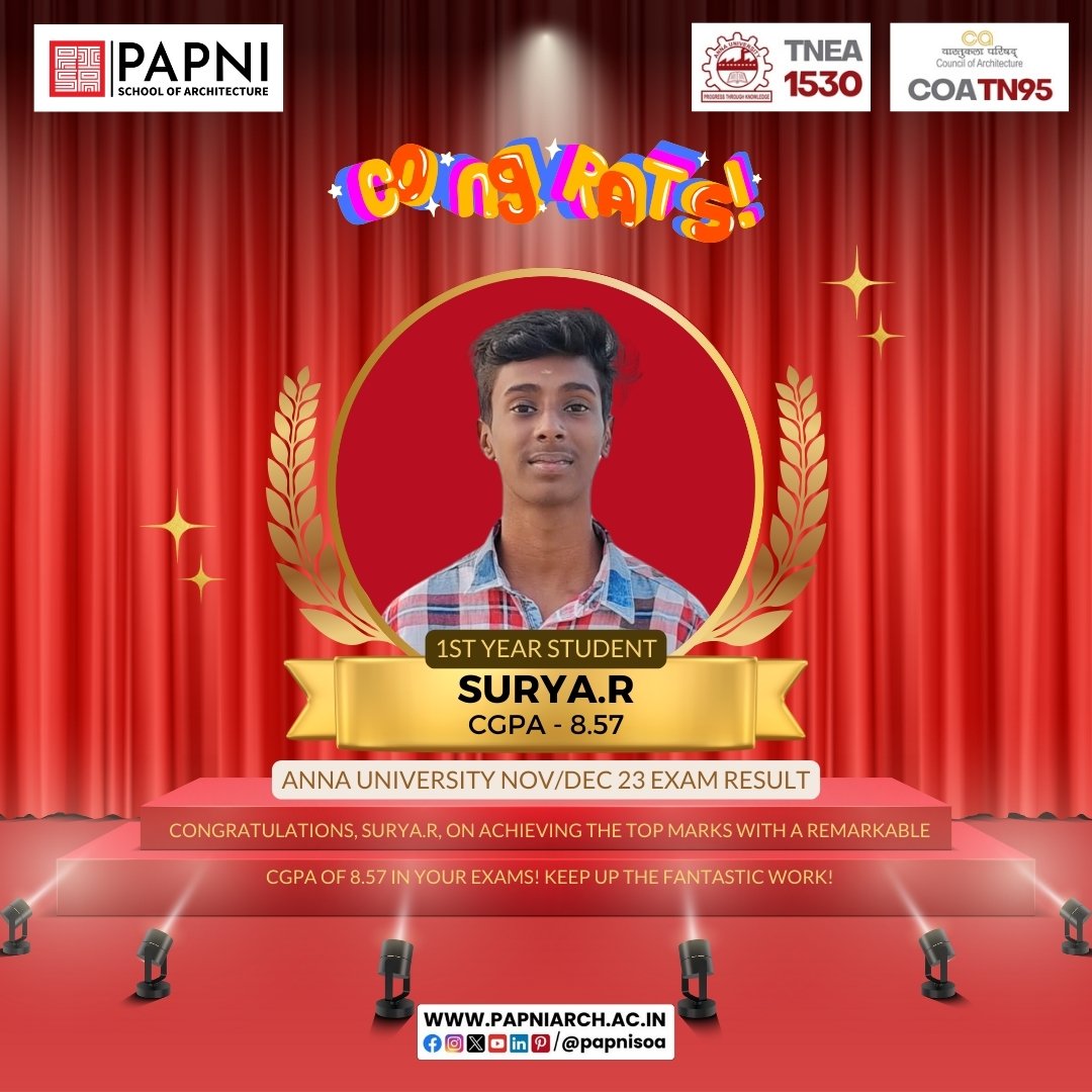 👏 Kudos to Surya.R for achieving a commendable CGPA of 8.57 in the Anna University Nov/Dec '23 exams! Your hard work is truly inspiring. 🌠

#papnisoa #annauniversity #TopScorer #WellDone