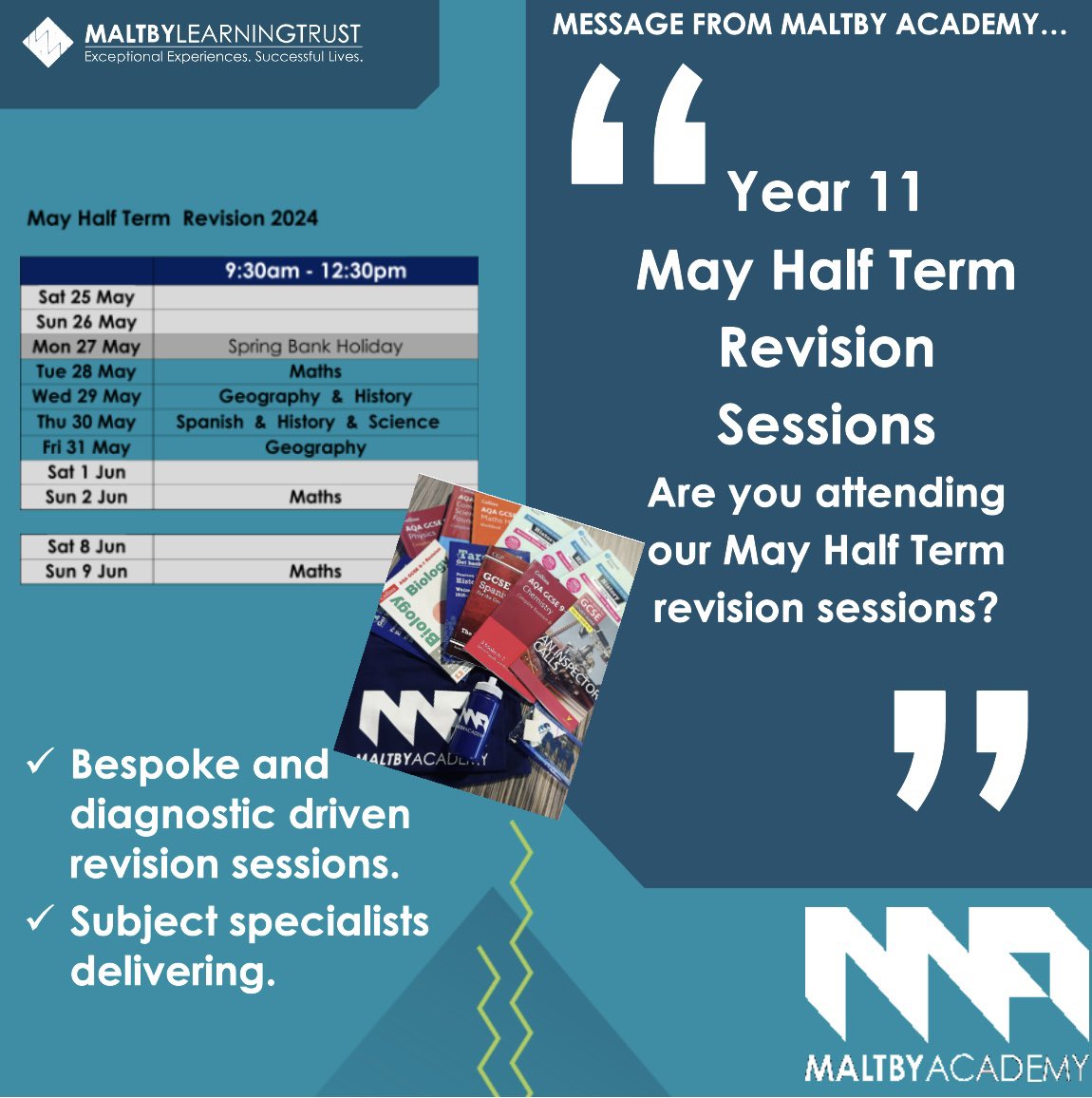 MaltbyAcademy's tweet image. Y11 May Half Term Revision Sessions
Please see below the schedule for the Y11 HT sessions. 
Your teachers have created a bespoke package to support you with your studies over the holiday. 
We hope to see you there! 
#gradechasers #resilience