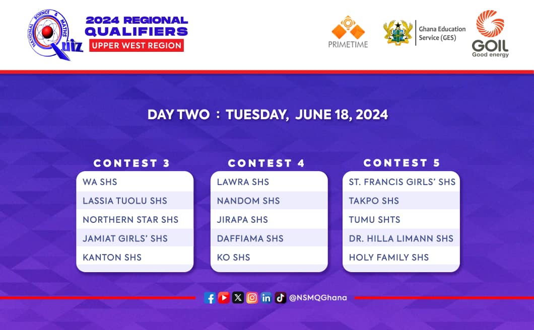 CONFIRMED: Take a moment to take a look at the fixtures for the Upper West #NSMQRegionals scheduled for June 17 & 18, 2024. Any clear favourites? #NSMQ2024 #Primetime