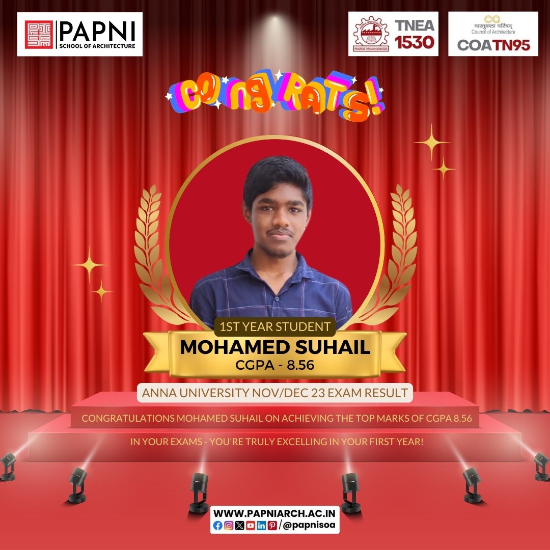 🌠 Congrats to Mohamed Suhail for securing a fantastic CGPA of 8.56 in the Anna University Nov/Dec '23 exams! Keep up the great work! 👏

#papnisoa #annauniversity #TopScorer #Achievement