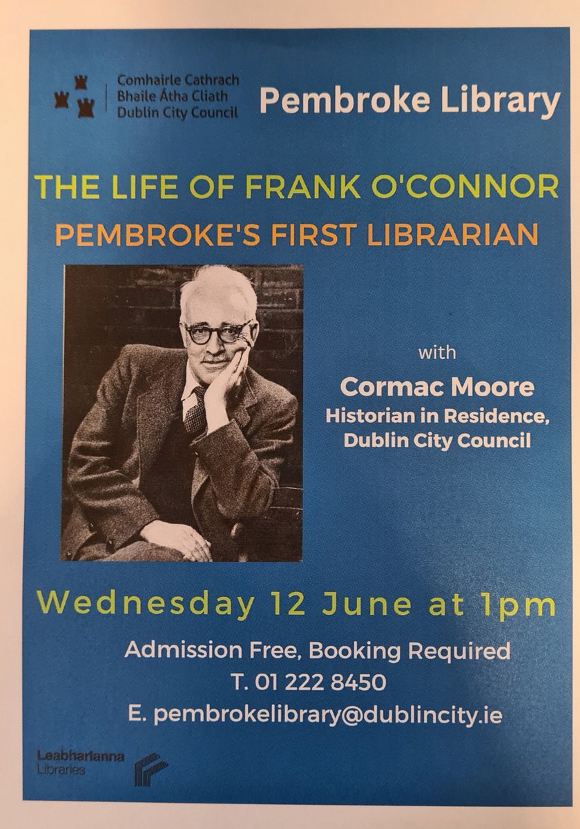 I will be giving a talk on the life of significant Irish literary figure, Frank O'Connor, in Pembroke Library on Wednesday, 12 June @ 1pm. O'Connor had strong connections with Pembroke Library, appointed as its first librarian in 1928. His death mask is on display in the library.